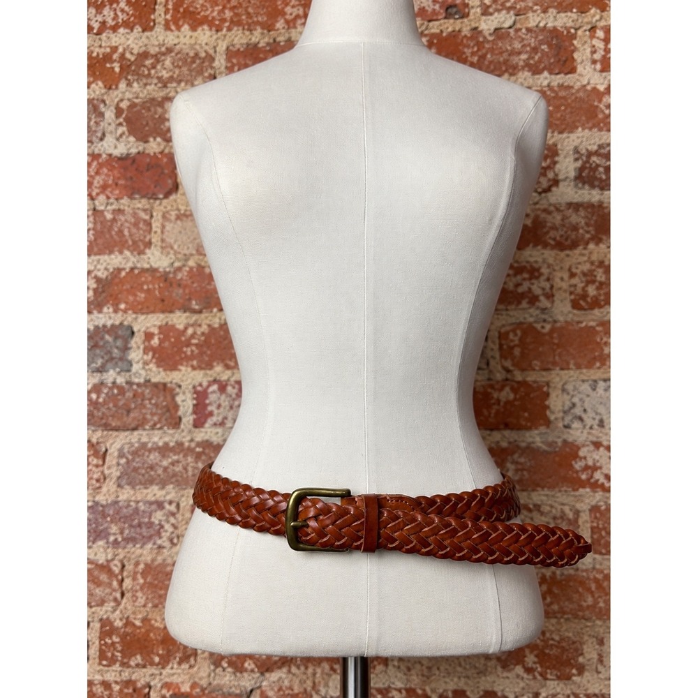 Cognac Brown Braided Leather Belt Brass Buckle S/M Boho Cottagecore Western